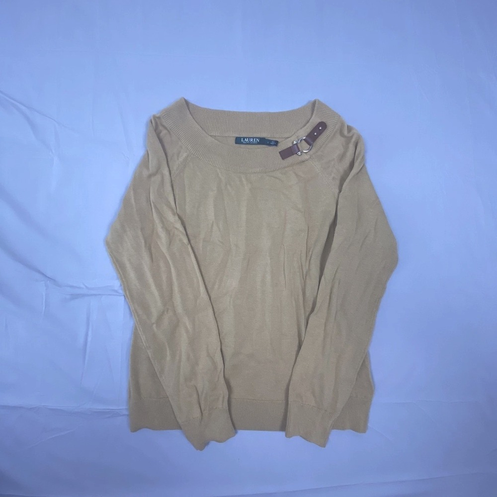 Lauren Ralph Lauren Womens Large Beige Cotton Sweater Buckle Neck Pullover